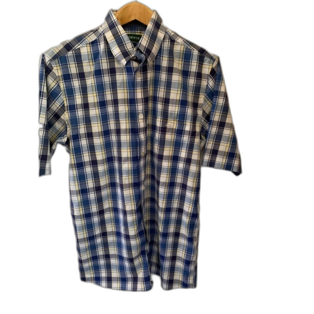 Orvis Men's Blue White Yellow Plaid Short Sleeve Shirt Size M-Tall